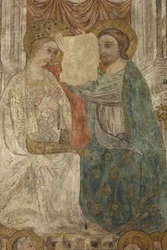 Wnętrze. Przejście na północ. Ołtarz (Altar de las pinturas murales). Oryginał z kaplicy głównej. Malowidła ścienne (fresk?). Szczegół. Koniec XIV wieku.