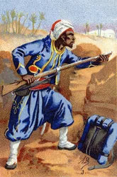 J: Turko. Grawerowanie w "Alfabecie wojskowym". Inicjały ilustratora: A. D. Wydawca nieznany. Chromolitografie z końca XIX wieku. Wymiary: 10,5x7cm .