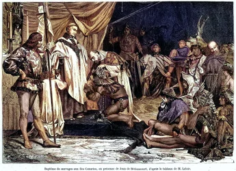 Jean de Bethencourt, normandzki dżentelmen, baron de Saint Martin le Gaillard, podbił i schrystianizował Wyspy Kanaryjskie w styczniu 1405 r., z magazynu „Sur terre et sur mer”” nr 28, 8 stycznia