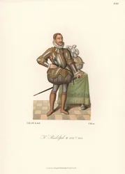Król Rudolf II, Święty Cesarz Rzymski, król Czech, arcyksiążę Austrii (1552-1612). W koronkowej runie, zbroi płytowej zdobionej złotem, wężu z poduszkami i skarpetach z kolczugi. Chromolitografia z kolekcji Hefner-Alteneck