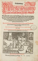 Laboratorium analizy rud, z piecem, instrumentem i narzędziami - Strona tytułowa z Opisu rud i głównych metod wydobycia, Lazarus Ecker - Alchemia i wczesna chemia Strona tytułowa z książki o metalurgii