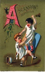 Litera A: Trudne wejście. Grawerowanie w „Alfabet des grotesques””. Seria 25 chromatografów reklamowych na tle dory, koniec XIX wieku. Wymiary: 11x 7 cm