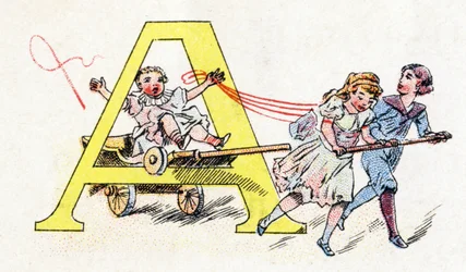 Litera A: zabawa autostopem. Alfabet fosfatyny Falieres. Rytownictwo. Alfabet Brevete S.G.D.G. przez farmaceutę Pierre