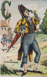 Litera C: Kadet Roussel. album Drolat . Seria numer 4 w Albumach-chromo na płótnie. Chromolitografie na tkance. Obrazowanie Marcel Vagne, Jarville-Nancy, początek XX wieku. Wymiary: 25x17,5cm
