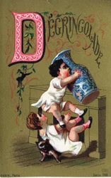 Litera D: Degringolada. Grawerowanie w „Alfabet des grotesques””. Seria 25 chromatografów reklamowych na tle dory, koniec XIX wieku. Wymiary: 11x 7 cm