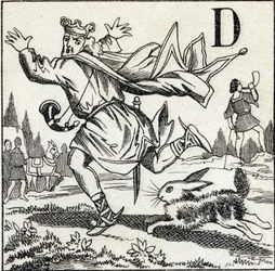 Litera D: Król Dagobert ścigany przez zająca. Grawerowanie w „ABC Les Images en Alphabet”. Obrazowanie epinal. Pellerin i Cie, drukarz-wydawca, Epinal, koniec XIX w., ok. 1890 r. 10 stron. Wymiary: 19,5 x 13,5 cm