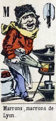 Litera M: „Brąz, brąz z Lyonu”. Alfabet „Zabawa dzieci”. Obraz Epinal, ok. 1890 r. Popularna seria. Mała broszura 8 stron. Matrycowane drzeworyty na temat małych ulicznych metier i krzyków Paryża