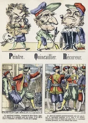 Litera P, Q i R: Malarz, Sprzęt i Odzyskiwacz. Alfabet wschodniej opowieści. Obraz Epinal, około 1890. Popularny serial. Mała broszura 8 stron. Wymiary: 205x150mm. Matrycowane drzeworyty na temat metier