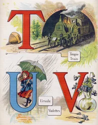 Litera T, U i V: góra, tren, ursula i fiolet. Grawerowanie w „ABC L