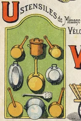 Litera U . Kokos, piec, wiewiórka, rondel... Grawerowanie w "ABC Toys". Obrazowanie epinal w chromolitografii, około 1890 r. Mała broszura o objętości 8 stron. Wymiary: 195x135mm, przeznaczone do umieszczenia reklamy w 4 okładce. Używany w domu, oferuje zn