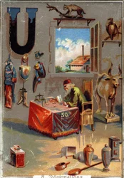 Litera U: mundury; urna; urus; urubu; pożyczka ostrzejsza; przybory; fabryka. Alfabet . Na każdym obrazie znajduje się wiele znakomitych słów, których przedstawienia są wyreżyserowane. Chromolitografie litografii paryskiej, ok. 1890 r. Wymiary: 10,7x7,5cm 
