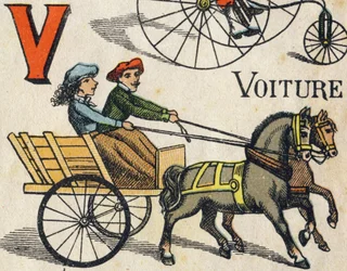 Litera V dla samochodu. Grawerowanie w "ABC Toys". Obrazowanie epinal w chromolitografii, około 1890 r. Mała broszura o objętości 8 stron. Wymiary: 195x135mm, przeznaczone do umieszczenia reklamy w 4 okładce. Używany w domu, oferuje znakomite abecedary i m