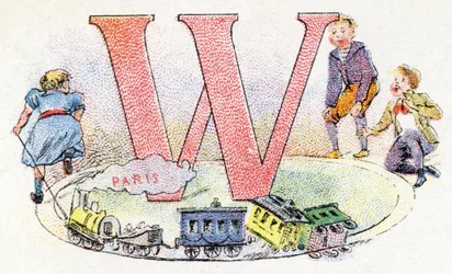 Litera W: wagon. Alfabet fosfatyny Falieres. Rytownictwo. Alfabet Brevete S.G.D.G. przez farmaceutę Pierre