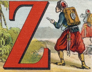 Litera Z: żuaw. Grawerowanie w "Alfabet de ma petite fille". Bernardin-Bechet i Fils, księgarz-wydawnictwo, Paryż, ok. 1895. Niezniszczalny album na płótnie. Bibliotheque des Bebes. 12 stron. Album zawierający sposób czytania i ilustracyjną abecedę
