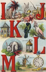 Litery I J K L; Indyjski; Zabawki; Kakato; Kiosk; Latarnia; Królik; Oglądaj monety; młyn. Grawerowanie w „Alfabecie mojej wnuczki”. Bernardin-Bechet i Fils, księgarz-wydawnictwo, Paryż, ok. 1895. Niezniszczalny album na płótnie. Biblioteka dla dzieci. 12