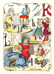 Litery J K i L jako dziennik, kalejdoskop i lektor śpiewający. Grawerowanie w „Fun Alphabet”. Obrazowanie Pont-a-Mousson. Druk i wydawnictwo Louis Vagne, koniec XIX wieku