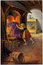Literatura. Bajka. Jaś i Małgosia oraz czarownica. Ilustracja Otto Kubela do baśni o braciach Grimm. Pocztówka, Niemcy, ok. 1900 r. (pocztówka)
