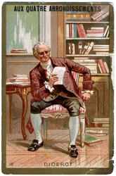 Literatura. Francuski filozof Denis Diderot. Obraz z paryskiego domu towarowego: Aux Quatre Arrondissements, Francja, ok. 1900 r.