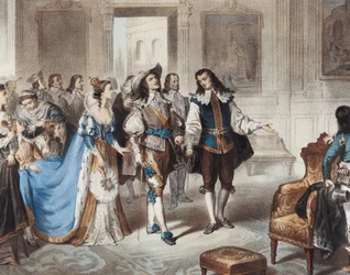 MURILLO, Bartolome Esteban (1617-1682). Malarz Murillo odwiedzający El Escorial" ("Painter Murillo visiting El Escorial"). Litografia autorstwa L. Turgis
