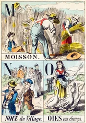 M N O : Moisson, Noce de village, Oies aux champs - „Alfabet farmy” koniec XIX wieku (rycina)
