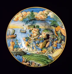 Płytka Maiolica przedstawiająca porwanie Heleny Trojańskiej, Włochy