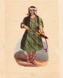 Człowiek z plemienia Karen (Karene lub Karyang) (Birma, Myanmar) - Człowiek z plemienia Karen (Karian) z południowej Birmy - Ręcznie kolorowany drzeworyt z "Mores, Uses et Costumes de tous les Peoples du Monde, Asia" Auguste