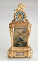 Zegar kominkowy, ormolu na porcelanie, z automatem śpiewającego ptaka, francuski