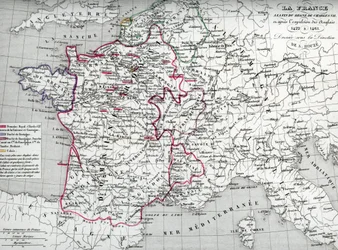 Mapa Francji w czasach króla Karola VII i po wypędzeniu Anglików w latach 1422-1461 (Mapa Francji w czasach króla Karola VII) Płyta z "Atlas Universel" Houze