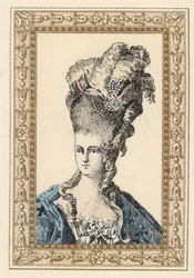 Maria Antonina, żona króla Francji Ludwika XVI, w wyszukanej fryzurze zwieńczonej wstążkami i perłami.