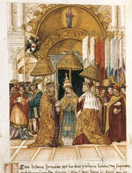 Spotkanie Fryderyka Barbarossy (Federico Barbarossa) z papieżem Aleksandrem III (Aleksander, Alessandro III) (1105-1181) w Pałacu Dożów w Wenecji w 1177 r.