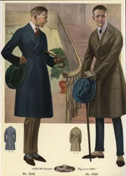 Moda męska 1920 - Mężczyźni w dwurzędowych płaszczach niosący laski i kapelusze, w spatynowanych płaszczach. Chromolitografia z katalogu mody męskiej Bruner Woolens