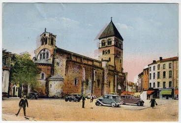Midi Pyrenees, Haute-Garonne (31), Saint Gaudens (Saint-Gaudens): widok zewnętrzny kolegiaty św. Piotra i św. Gaudensa (Saint-Pierre i Saint-Gaudens) - pocztówka z 1951 r.