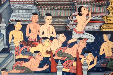 Mnisi. Detal ścienny na wewnętrznych ścianach Vihary z czasów króla Ramy III przedstawiający Ramakien. Wat Pho - Wat Phra Chetuphon. 1788. Bangkok. Tajlandia