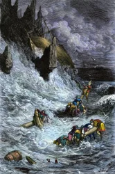 Mity i legendy: Sindbad (Sindbad) i jego towarzysze po 1001 nocy (tysiąc i jedna noc). Kolorowa rycina autorstwa Gustave