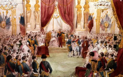 Ślub cywilny Napoleona III w 1853 r.: cesarz przedstawia dwór swojej żonie Eugenii, akwarela, XIX w.