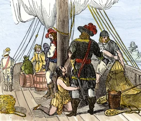 Rdzenna ludność Ameryki: Indianie. Pocahontas schwytana na pokładzie statku Jamestown. Kolorowa rycina z XIX wieku.