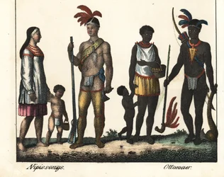 Rdzenni mieszkańcy Kanady: rodzina Indian z jeziora Nipissing i rodzina Indian z okolic Ottawy. Litografia do książki: "Galerie complete en tableaux fideles des peuples d