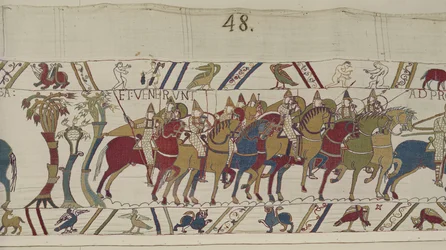 Żołnierze normańscy opuszczający Hastings na bitwę z Haroldem, Gobelin z Bayeux (haft wełniany na płótnie)
