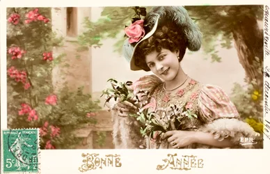 Stara pocztówka/szczęśliwego roku/życzenie/kobieta Belle Epoque