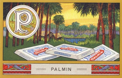 P: Palmine - Alfabet Palmine. Seria chromolitografii pod redakcją H. Schlincka i Cie, Hamburg, s. d. . Reklama najlepszego oleju kokosowego Palmin. Wymiary: 7 x 11 cm