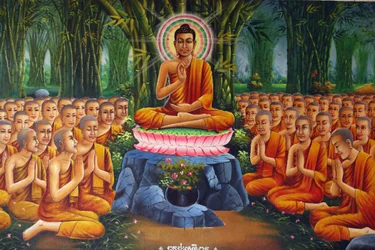 Obraz przedstawiający Buddę nauczającego mnichów Udong Cambodge