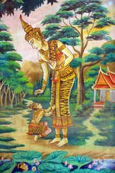 Obraz przedstawiający historię życia Buddy Siakjamuniego. Wat Naxai. Wientian. Laos, 20151106, Wientian, Laos