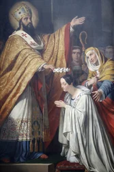 Paryż, Francja Kościół Saint-Medard Święty Medard koronujący młodą cnotliwą dziewczynę przez Louisa Dupre (1837), Paryż, Francja