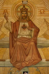 Kościół parafialny (Heilig-Hartkerk). Wnętrze. Modernizm. Chór. Mozaika. Chrystus.