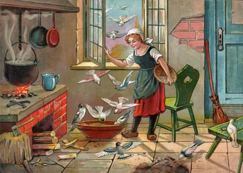 Chłopska dziewczyna z gołębiami. (Ilustracja około 1920 r.)