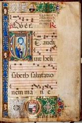 Biblioteka Piccolomini: Księga Chóralna, dor. 14.P., nn. 46r z „Św. Elżbieta, autorstwa Giovanniego di Giuliano Boccardi, znanego jako Boccardino Starszy.