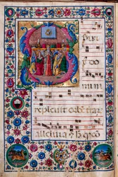 Biblioteka Piccolomini: księga chóralna, dorsz. 23,8, nn. 100v z „Zieloną Świątką” Girolamo da Cremona.