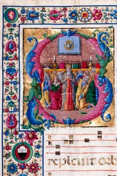Biblioteka Piccolomini: księga chóralna, dorsz. 23,8, nn. 100v z „Zieloną Świątką” Girolamo da Cremona. Szczegół.