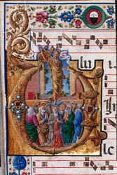 Biblioteka Piccolomini: księga chóralna, dorsz. 23,8, nn. 66r z „Wniebowstąpieniem Chrystusa” Girolamo da Cremona. Szczegół.