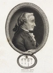 Portret filozofa Immanuela Kanta (1724-1804) w ramie utworzonej przez węża gryzącego własny ogon